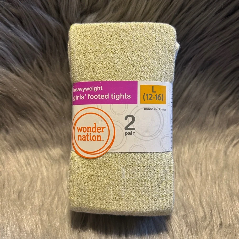 Wonder Nation Footed Tights Girl's Size Large (12-16) White Gold Dress Bottoms
